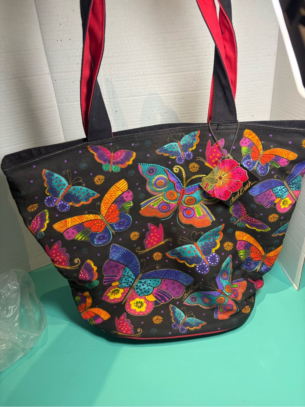 Laurel Burch Womens Black Butterfly Print Handbag Double Handle Tote Bag NWOT